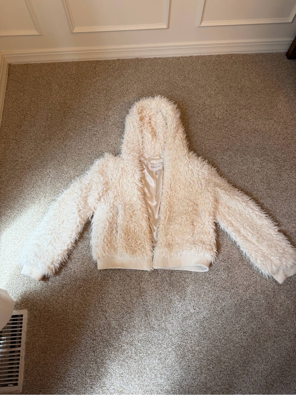BCBGeneration Plush Faux Fur Hooded Jacket in Ivory